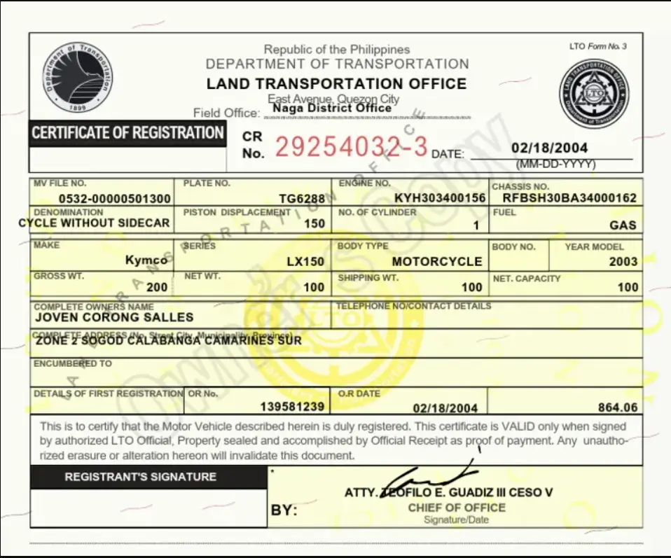 LTO Certificate of Registration Sample (Visual Reference)
