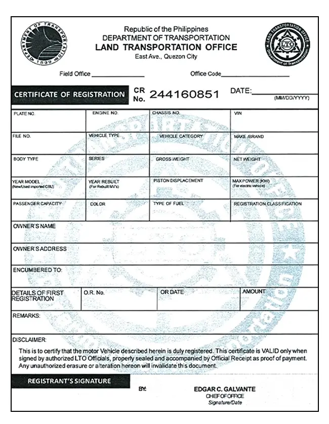 What Does an LTO Certificate of Registration Look Like?
