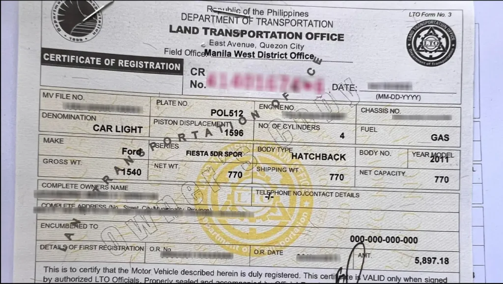 What is the LTO Certificate of Registration (CR)?